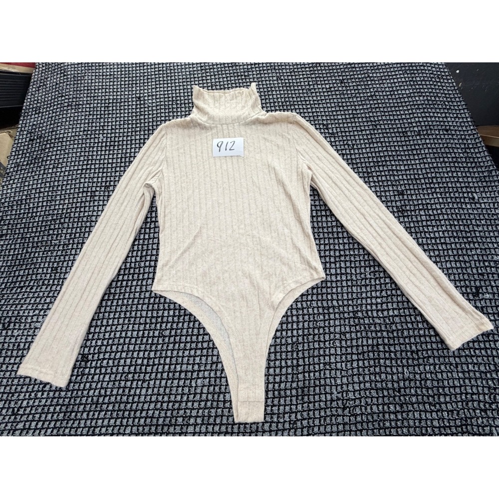 Unbranded Ribbed Bodysuit Womens Medium Beige Turtleneck Long Sleeve